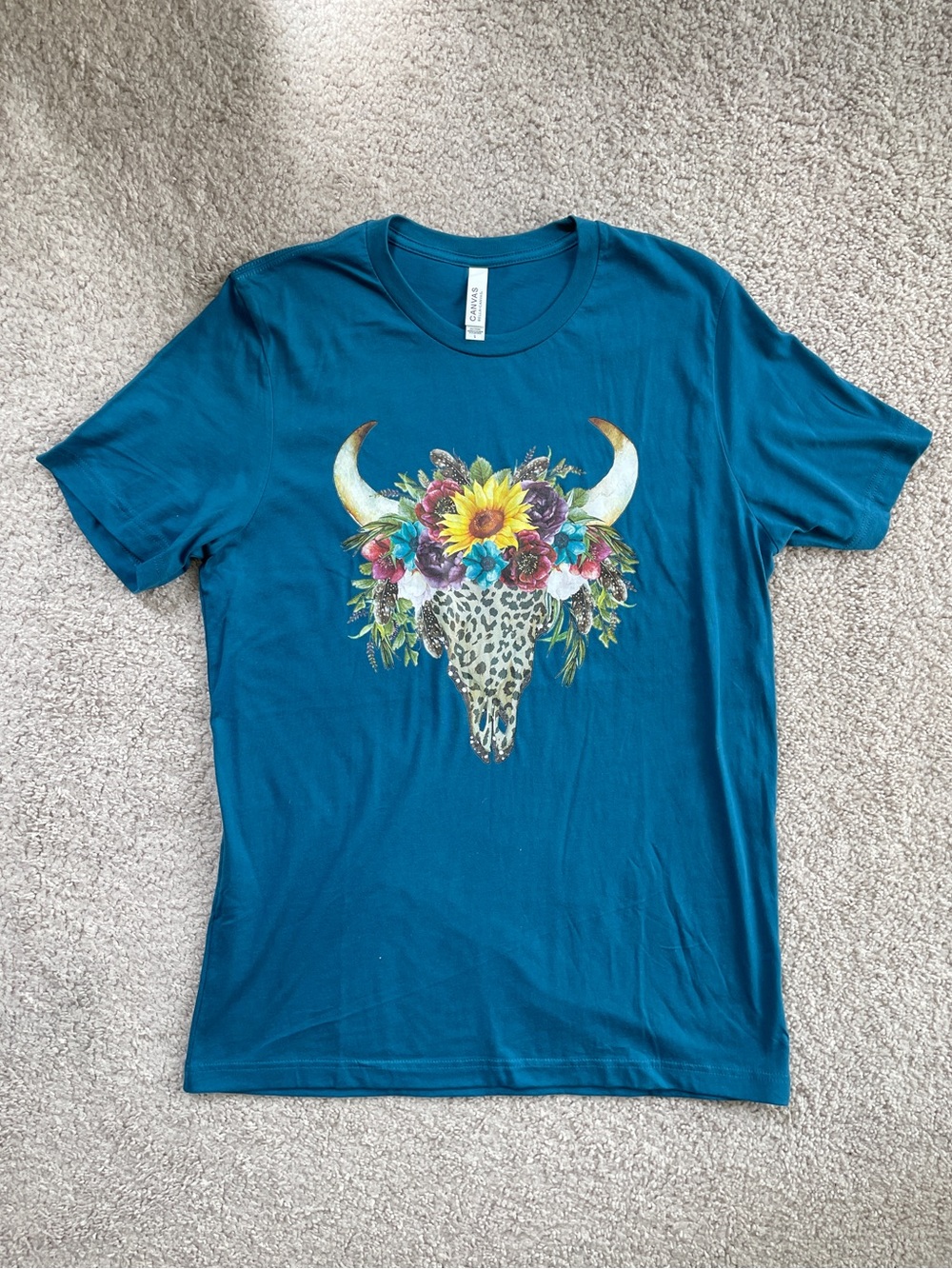 Bella Canvas Teal Longhorn Bull Skull Floral Short Sleeve Graphic Tee Size Large